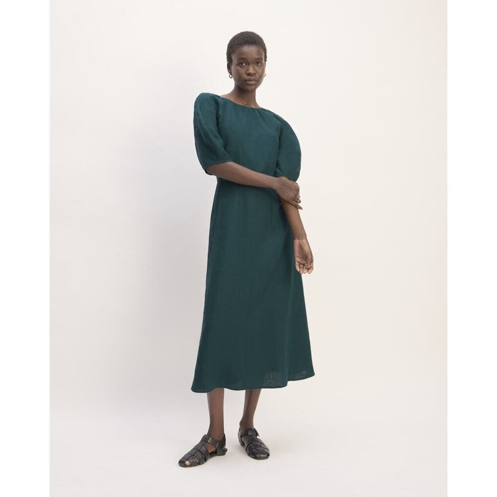 Everlane Women's Linen Short-Sleeve Scoop Midi Dress in Dark Sea, Size 8